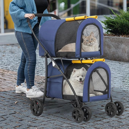 MoNiBloom Double Dog Stroller with Detachable Carrier Bags Large 4 Wheels Foldable Jogger for Small and Medium Dog Cats, Navy Blue/Yellow