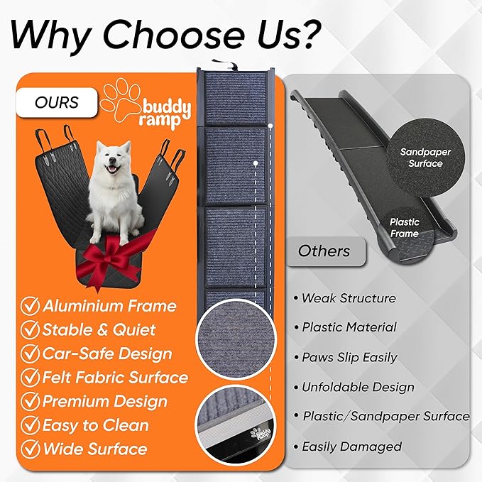 Dog Ramp for Car & Back Seat Cover Bundle – 63” Foldable Non-Slip Dog Ramp + Waterproof 57” Bench Seat Protector – Portable Pet Ramp & Car Seat Cover for SUV, Truck & Car Travel
