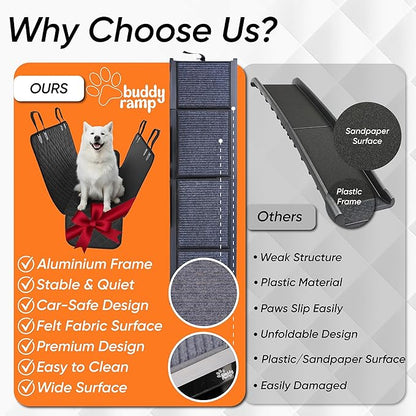 Dog Ramp for Car & Back Seat Cover Bundle – 63” Foldable Non-Slip Dog Ramp + Waterproof 57” Bench Seat Protector – Portable Pet Ramp & Car Seat Cover for SUV, Truck & Car Travel