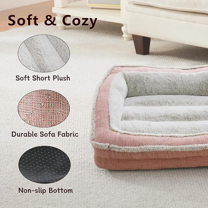 Cat Couch for Pets, Washable Cat Beds for Indoor Cats, Super Soft Plush Supportive Dog Couch Bed for Puppy and Kitten with Anti-Slip Bottom, 24inch, Pink