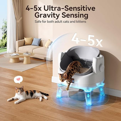 Thereye Automatic Litter Box with Entry Step, Open-Top Self Cleaning Litter Box for Multiple Cats, 11 Safety Protections & App Control, Odor Control Smart Cat Litter Box with Trash Bags/Litter Mat