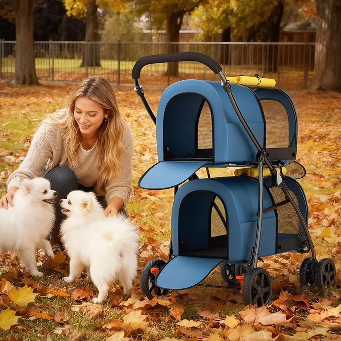 Magshion Double Dog Stroller with 2 Detachable Carrier Bags, 4-Wheel Folding Pet Travel Strolling Cart with Storage Pocket for Small-Medium Dogs & Cats Puppy, Navy Blue/Yellow