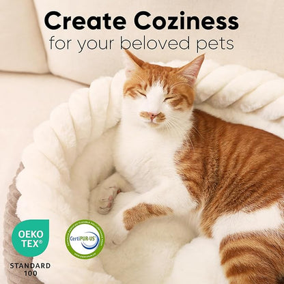 FUKUMARU Cat Bed, Calming Donut Dog Beds, Plush Faux Fur&Corduroy Kitten Beds, Cute Round Washable Pet Bed for Large Cats and Puppy, Cat Cave with Anti-Slip Bottom, 21inch, Camel