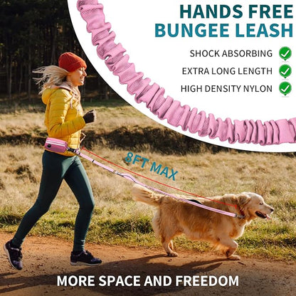 Hands Free Dog Leash with Removable Zipper Pouch, Dual Padded Handles and Durable Bungee for Walking, Jogging and Running Your Dog (Large, 35-140 lbs-Pink