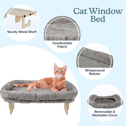 Cat Bed for Window Sill - Cat Window Perch with Bolster and Removable Washable Cover - Window Hammock with Sturdy Wood Frame for Large Cats - Pet Beds for Indoor Cats by PETMAKER (Gray)