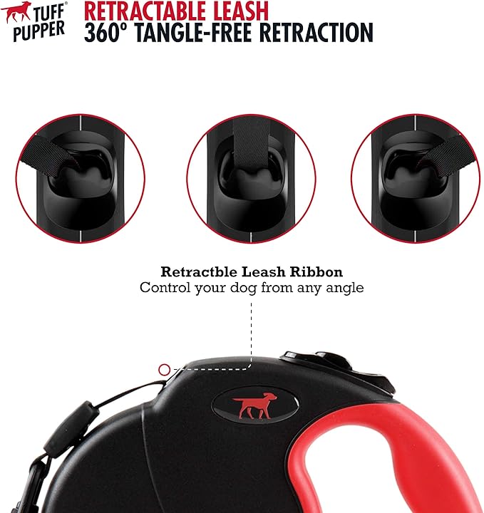 Tuff Pupper Heavy Duty Retractable Dog Leash | 16 ft Dog Leash with Reflective Stitching for Nighttime Safety | One Button Lock and Release | Comfortable Hand Grip | for Dogs Up to 44 lbs Black/Red