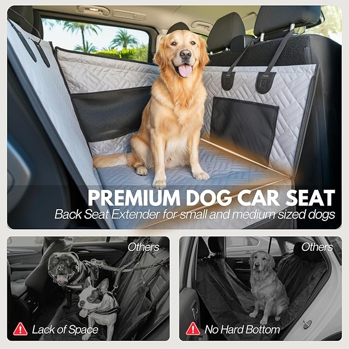 Dog Car Seat Cover with Hard Bottom – Back Seat Extender for Small & Medium Dogs, Waterproof & Non-Slip Hammock, Reinforced & Stable Design with Storage Pockets for Cars, SUVs & Trucks (Gray)