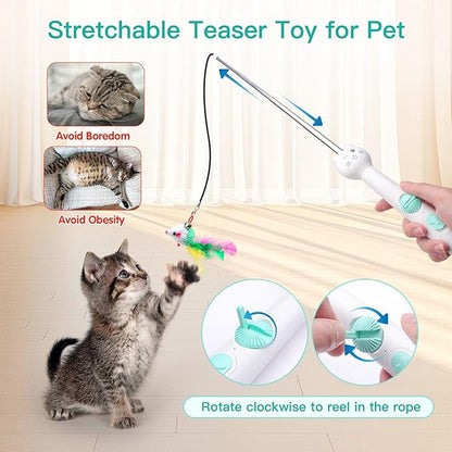 SEVENKA 3in1 Cat Toy, Rechargeable UV Flashlight and Retractable Rod with Feather Toy, USB-C White Light & 395nm Blacklight for Pet Urine Stains, Bed Bugs, Interactive Toy for Cat, Kitten