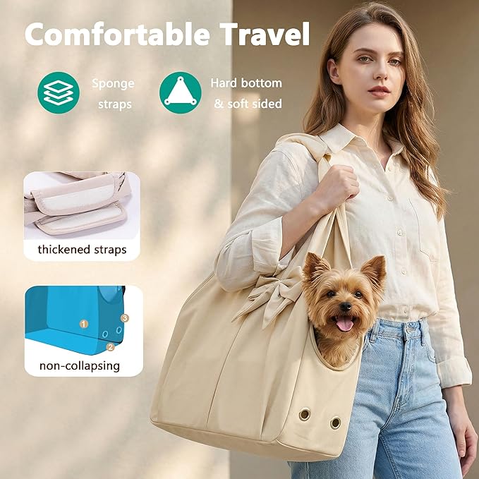 Dog Purse Carrier for Small Dogs, Soft Dog Tote Bag Carrier with 4 Large Pockets, No Collapse, Lightweight, Smart Zipper Lock, Comfortable Puppy Cats Rabbit Carrier for Travel,Outdoor(Beige)
