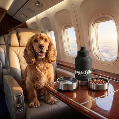 Portable Dog Water Bottle - 3 in 1 Insulated Stainless Steel Travel Bowl & Food Dispenser with Leak Proof Magnetic Lid - Dog Accessories for Walking, Hiking, Outdoor, Camping (32oz Black)