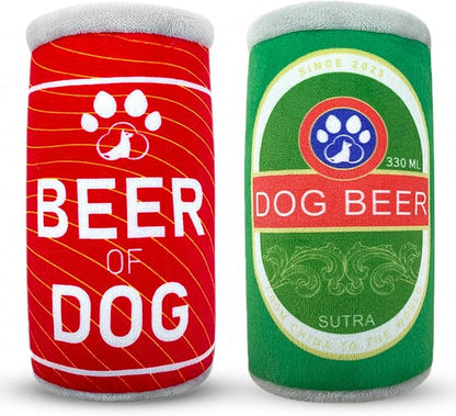 Squeaky Plush Dog Toys 2 Pack - Funny Beer Puppy Toys with Squeaker for Small Medium Large Dogs, Soft Stuffed Chew Toys for Birthday Gifts(Red&Green)