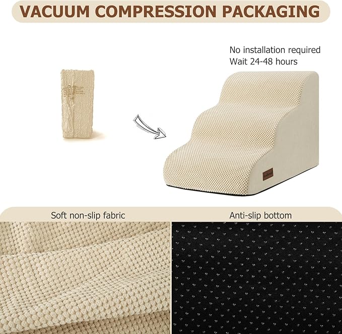 Dog Ramp and Stairs for Small Dogs & Cats,3-Step Pet Stairs for Couch Sofa and Chair,Indoor Anti-Slip Dog Stairs for Old Cats and Puppy,Beige