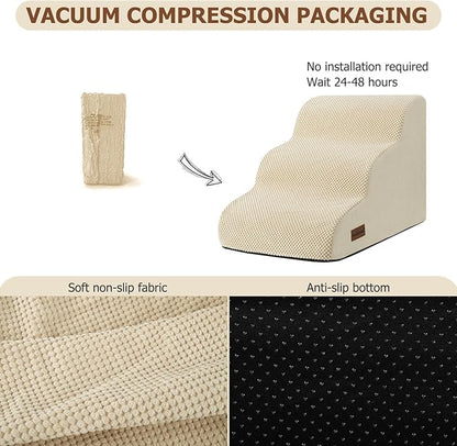 Dog Ramp and Stairs for Small Dogs & Cats,3-Step Pet Stairs for Couch Sofa and Chair,Indoor Anti-Slip Dog Stairs for Old Cats and Puppy,Beige