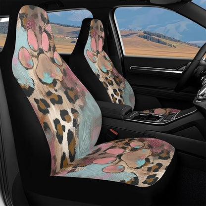 Pink Paw Print Car Seat Cover Waterproof Non-Slip Auto Front Seat Covers Leopard Print Car Bucket Seat Cover Protective Automobile Accessories Interior Universal Fit for Truck Sedan SUV