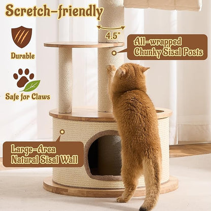 64.2" Modern Cat Tree for Indoor Cats, Solid Wood Cat Tower with Chunky Scratching Posts, 20" Roomy Condo, Cat Bed, Hammock, Capsule Nest, Interactive Squeaky Toy, Multi-Level Cat Furniture