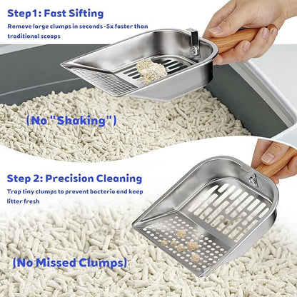 Litter Scooper, Metal Litter Scoop, Pooper Scooper with Wooden Handle, Cat Litter Scoop, Metal Scooper & Speed Sifter Deep Shovel Scoop Filter for Litter Box (Easy Assembly)