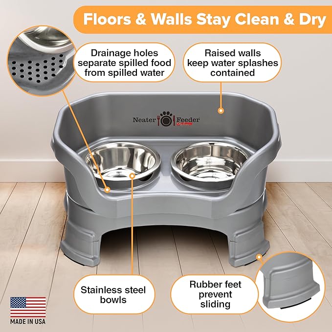 Neater Feeder Deluxe Mess-Proof Elevated Cat Bowls, 2 Height Adjustable (6” & 7.5”) No-Spill Raised Cat Bowl Stand, Whisker Friendly Stainless Steel Dishes for Indoor Cats, Made in USA, Grey