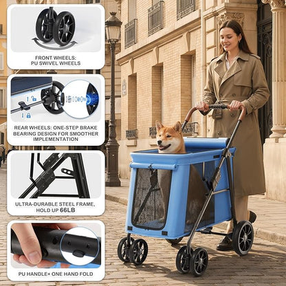 MoNiBloom Pet Stroller for Medium to Large Dogs up to 66lb, One-Button Fold System, Breathable Mesh Top & Sides, Portable Dog Wagon for Outdoor
