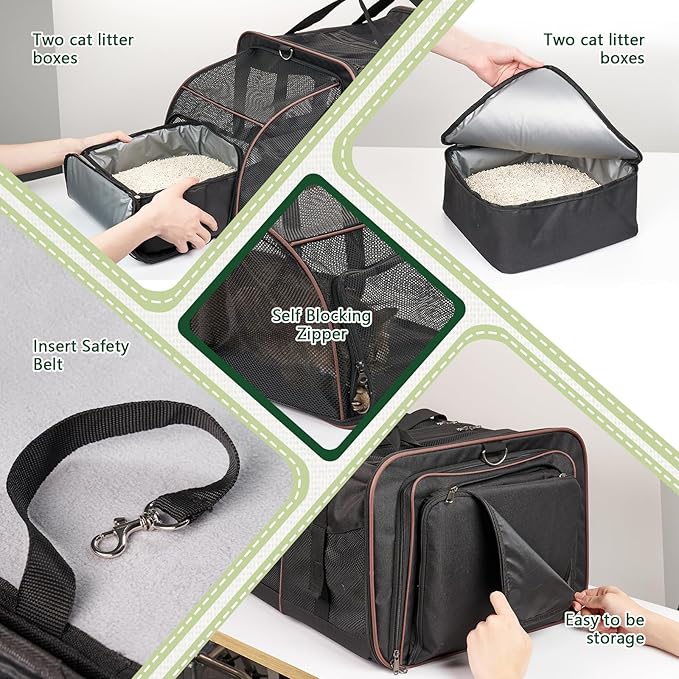 Expandable Cat Carrier for 2 Cats, Double Compartment Large Pet Carrier for Long Distance Car Travel, Includes 2 Portable Litter Boxes, Foldable Multi-Cat Travel for Road Trips & Camping, Black