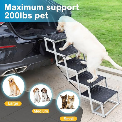 Uross Dog Stairs for Car 5 Steps - Collapsible Dog Steps Ramp for Car and SUV, Aluminum Pet Ramp Stairs for Large Dogs,Telescoping Ladder for Truck, High Bed