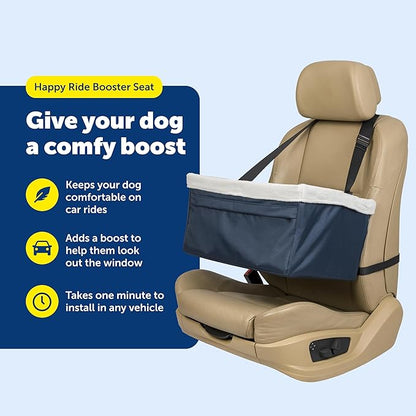 PetSafe Happy Ride Booster Seat for Dogs - Open Road Comfort - Safe Tether System - Zipper Pouch Dog Seat - Machine Washable Fleece Liner - Easy Install Design - Navy - Up to 25 lb
