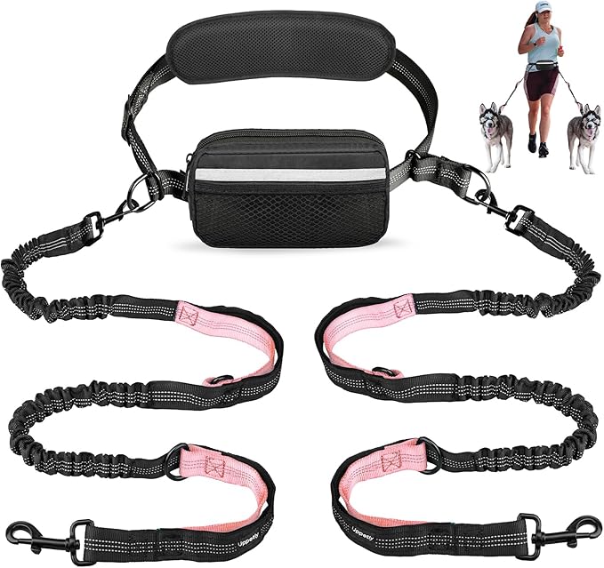 Hands Free Dog Running Leash with Waist Belt, Dual Handle Elastic Bungees Retractable Rope for Medium and Large Dogs, Reflective Stitches for Walking Hiking Biking (Large Pink, 25-120lb)