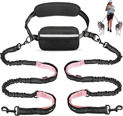 Hands Free Dog Running Leash with Waist Belt, Dual Handle Elastic Bungees Retractable Rope for Medium and Large Dogs, Reflective Stitches for Walking Hiking Biking (Large Pink, 25-120lb)