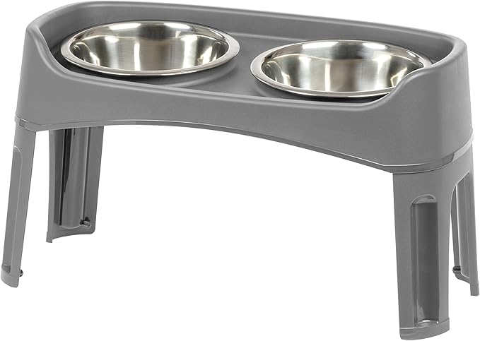IRIS USA Adjustable Elevated Dog Bowls, Raised Feeder with 2 Stainless Steel 64 oz Bowls, Spill-Guard Rim, 12.25" or 4.63" Heights, Durable Plastic, Made in USA, Dark Gray