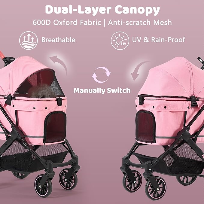 All-Terrain Dog Stroller for Small to Medium Dogs, Pet Stroller for Dogs & Cats Outdoor Walks, One-Hand Easy Fold, Double-Layer Anti-UV & Waterproof Canopy & Breathable Mesh, Sakura Pink