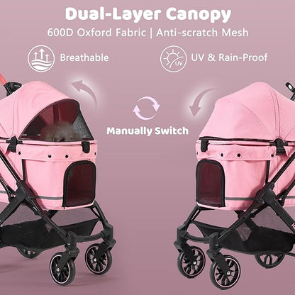 All-Terrain Dog Stroller for Small to Medium Dogs, Pet Stroller for Dogs & Cats Outdoor Walks, One-Hand Easy Fold, Double-Layer Anti-UV & Waterproof Canopy & Breathable Mesh, Sakura Pink