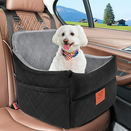 GL GLENSLAVE Dog Car Seat for Small/Medium Dogs, Dog Booster Car Seats with Thick Cushion for Dogs Under 35lbs, Detachable Washable Pet Carseat with Storage Pockets, 2 Safety Belts(Black/Grey)