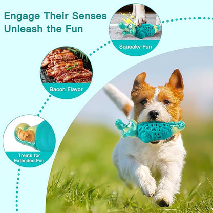 Dog Chew Toys for Aggressive Chewers, Tough Squeaky Dog Toy for Large Medium Dogs, Bacon Flavor Nylon & Natural Rubber, Dental Care Interactive Dog Toys to Reduce Boredom, Teal