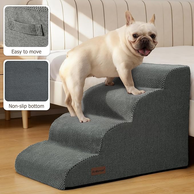 Dog Steps for Bed and Couch,4-Step Dog Stairs and Ramp for Small Dogs & Cats,Indoor Anti-Slip Pet Stairs for Old Cats and Puppy,Grey