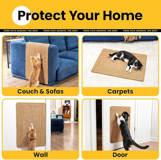 Cat Scratcher Mat,Natural Sisal Cat Scratch Pad with Hook&Loop Tape,Horizontal Floor Kitten Scratching Pads Rug for Indoor,Pet Furniture Protector for Couch&Carpets&Sofas, Large, Brown