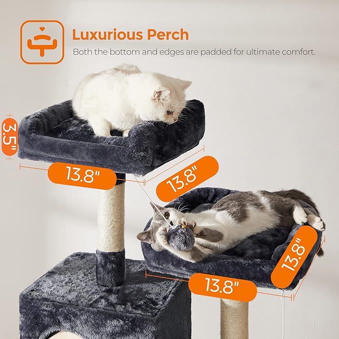 Feandrea Cat Tree, 56.3-Inch Cat Tower, Multi-Level Plush Condo with 11 Scratching Posts, 2 Perches, Hammock, Cave, Smoky Gray UPCT15GYZ