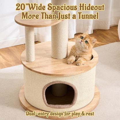 64.2" Modern Cat Tree for Indoor Cats, Solid Wood Cat Tower with Chunky Scratching Posts, 20" Roomy Condo, Cat Bed, Hammock, Capsule Nest, Interactive Squeaky Toy, Multi-Level Cat Furniture