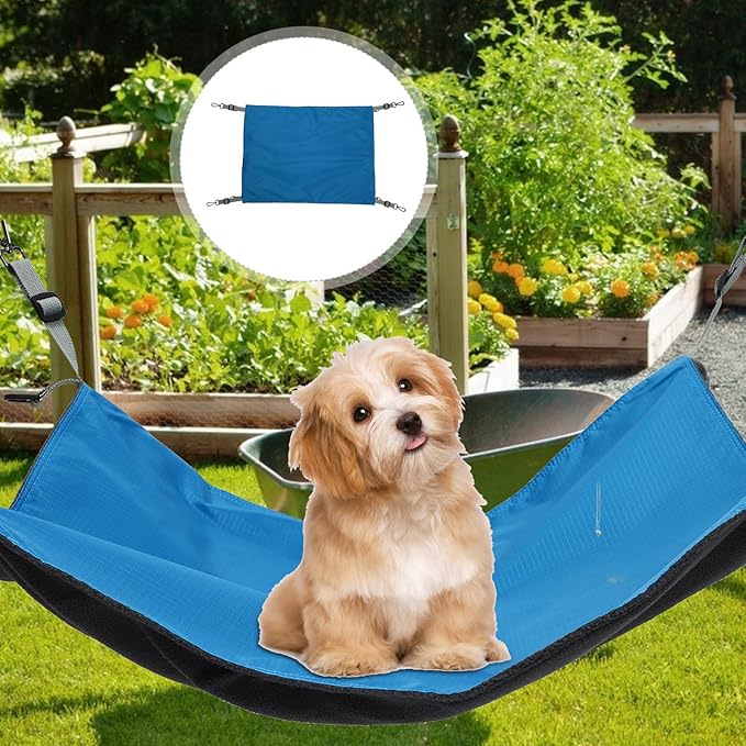 Unomor Waterproof Nylon Pet Hanging Bed, Double-Sided Cat Hammock with Thickened Fabric, Blue, Four Seasons Use for Indoor Cage and Small Pets