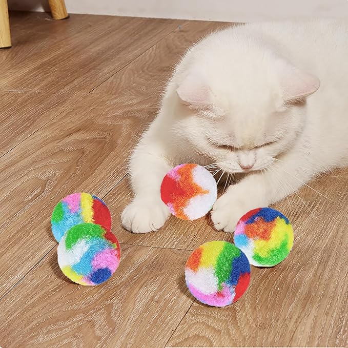 Nicunom 60 PCS Cat Pom Pom Balls, 1.7Inch Rainbow Cat Toy Balls, Soft Plush Cat Ball Fuzzy Kitty Balls Colorful Kitten Puff Ball for Pet Kitten Interactive Playing Exercising Chasing
