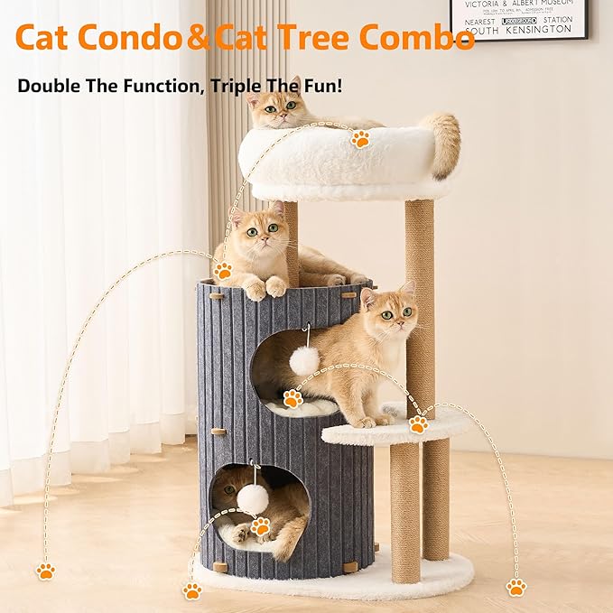 Modern Cat Tree for Indoor Cats Large Adult, 36in H Cat Tree Tower with Scratching Posts, Cozy Cat Bed Cave, Washable Cushions, Dangling Balls, Play&Nap Cat House Condo for All Breeds, Gray