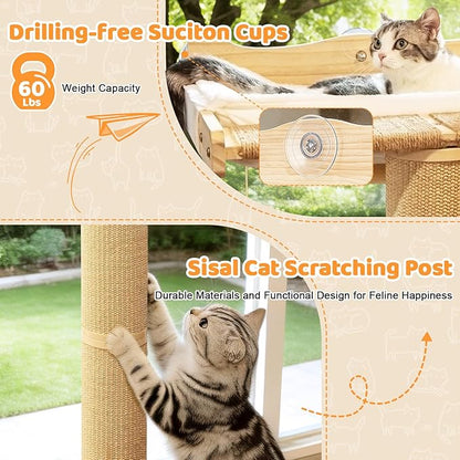 54.3" Cat Window Perch with 3 Adjustable Roman Column Sisal Posts, White Rabbit Fleece Cushions, Drill-Free Suction Cups, Multi-Level Climbing Perch, 60 lbs Capacity