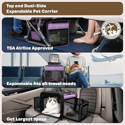 Top and 2 Sides Expandable Pet Carrier 17x11x9.5, TSA Airline Approved Small Dog Carriers for Small Dogs, Soft-Sided Cat Carrier with Self-Locking Zippers for Kitten,Rabbit, Puppy, Guinea Pig Purple