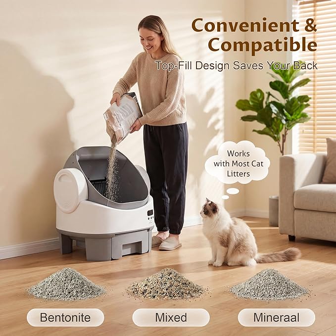 Greesum Self Cleaning Cat Litter Box, No App or WiFi Required, Open-Top Automatic Litter Box for Multiple Cats, 10-Day Capacity, Safety Sensors, Odor Control