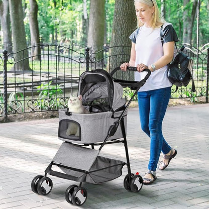 Pet Stroller 4 Wheels Dog Cat Stroller, Detachable Carrier Travel Folding Carrier for Small Medium Dog Cats (Grey)
