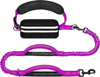 Hands Free Dog Leash with Zipper Pouch, Running Waist Leash for Dog Walking, Adjustable Waist Belt for Large Dogs, Reflective Bungee Design with Two Handle for Hiking, Training, Rose Red