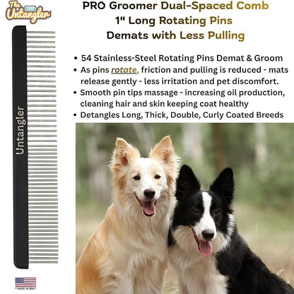 Professional Comb with Long 1" Silky Smooth Rotating Teeth for Large Breeds (Mat Black 7.5")
