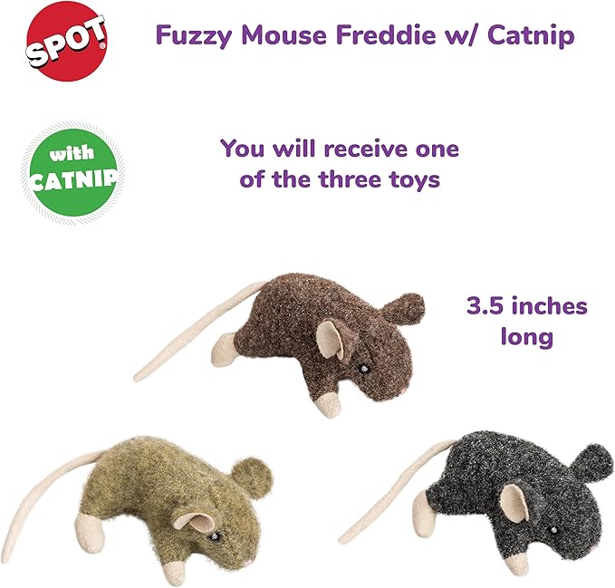SPOT Fuzzy Mouse Freddie Cat Toy with Catnip – 3.5in Plush Mouse for Cats & Kittens, Crinkle Sound, Great for Batting, Chasing & Interactive Play – Assorted Colors