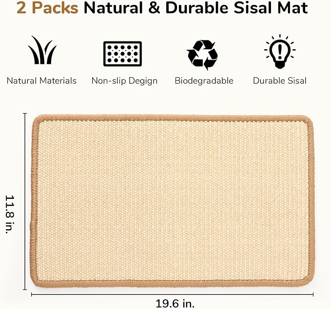FUKUMARU 2 Packs Cat Scratching Mat, 19.6 x 11.8 Inch Natural Sisal Cat Scratch Pad Mats for Indoor Cats, Horizontal Cats Wall Scratcher Kitten Floor Rug with Sticky Tape, Furniture Protector