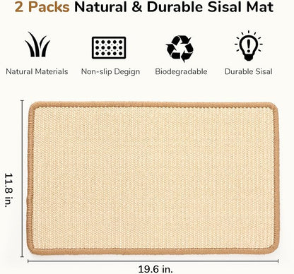 FUKUMARU 2 Packs Cat Scratching Mat, 19.6 x 11.8 Inch Natural Sisal Cat Scratch Pad Mats for Indoor Cats, Horizontal Cats Wall Scratcher Kitten Floor Rug with Sticky Tape, Furniture Protector