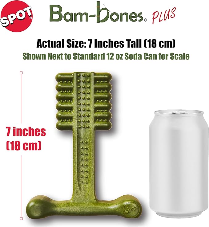 SPOT Bam-Bones Plus Toothbrush Dog Chew Toy, Durable Bamboo Fiber & Nylon Dental Chew, Fresh Mint & Baking Soda for Dental Care, Easy-to-Grip T-Bone Shape, for Heavy Chewers Under 90 lbs, 7 Inch