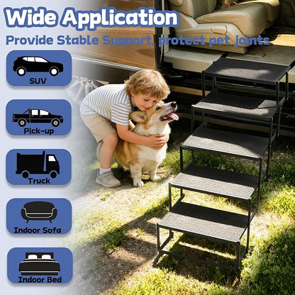 Dog Steps for Car, Truck, SUV, Dog Stairs for Car with Upgraded Non-Slip Surface, Foldable Dog Ramp for Car, Pet Stairs for Large Dogs, 5 Steps